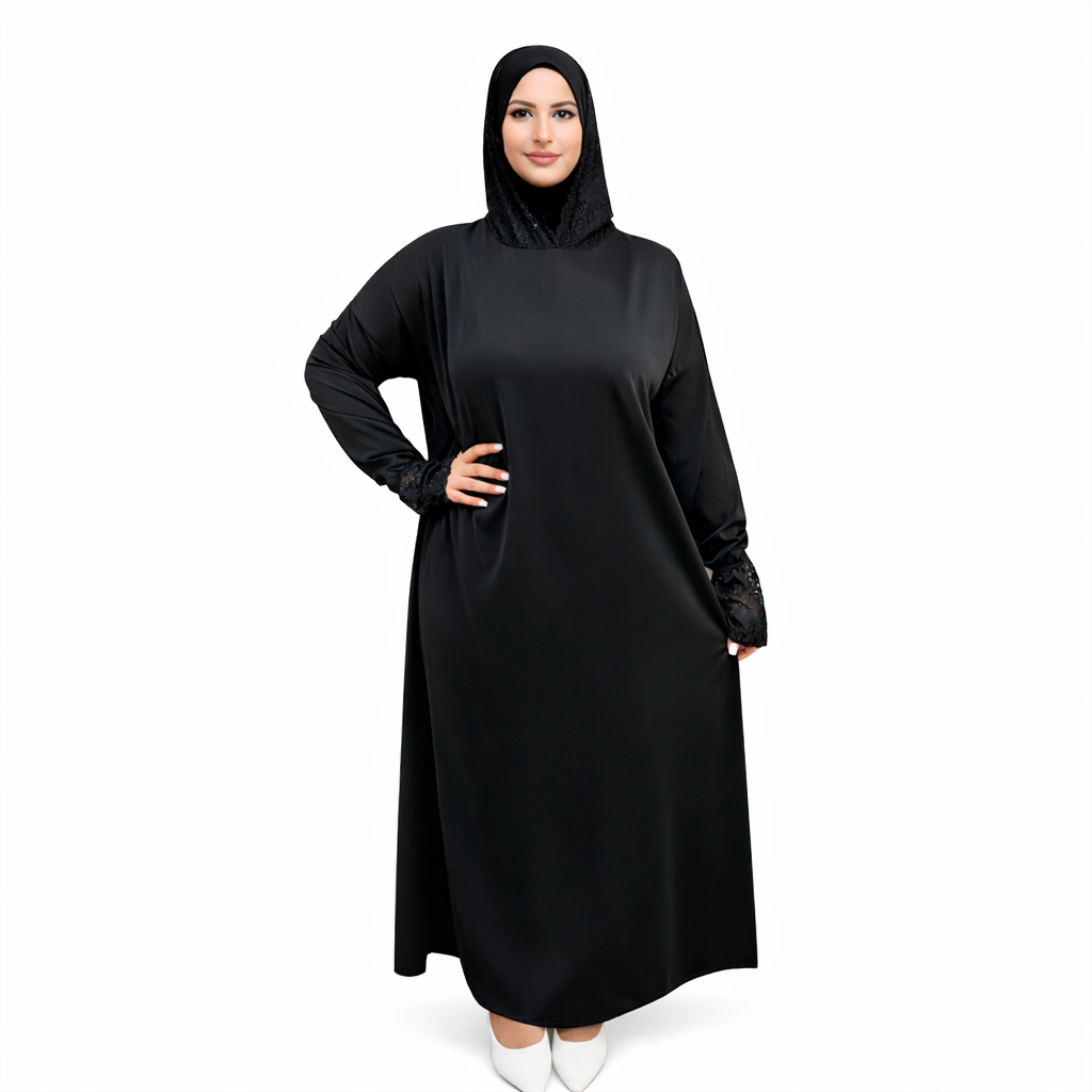 Robe Abaya Noire Élégante à Manches en Dentelle – Taille Standard