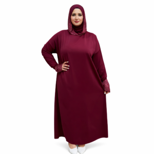 Robe Abaya Bordeaux Élégante à Manches en Dentelle – Taille Standard