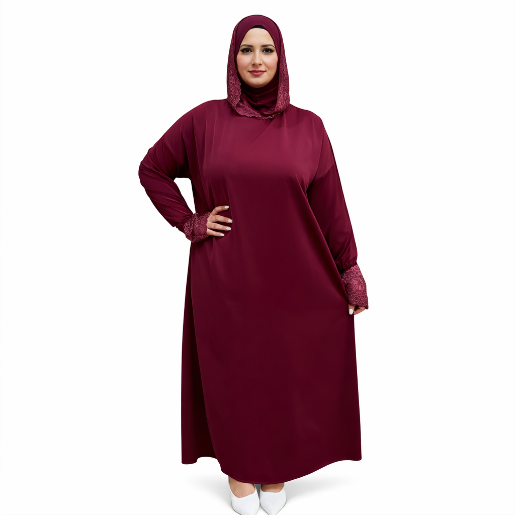 Robe Abaya Bordeaux Élégante à Manches en Dentelle – Taille Standard